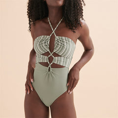 Hollow Striped Contrasting One-piece Swimsuit