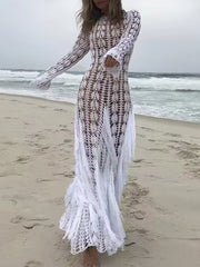 Solid Color Hollow Tasseled Long Sleeves Mermaid Maxi Dresses