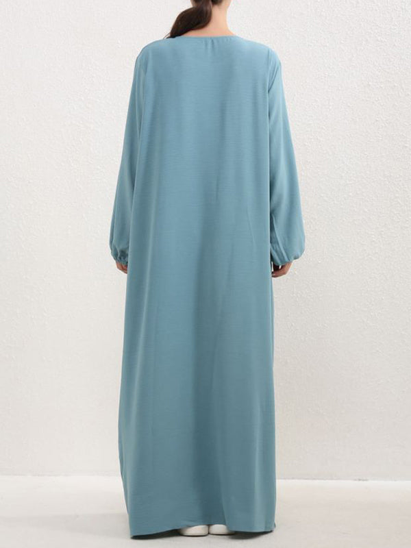 Pleated Solid Color Split-Joint Long Sleeves Loose Round-Neck Maxi Dresses