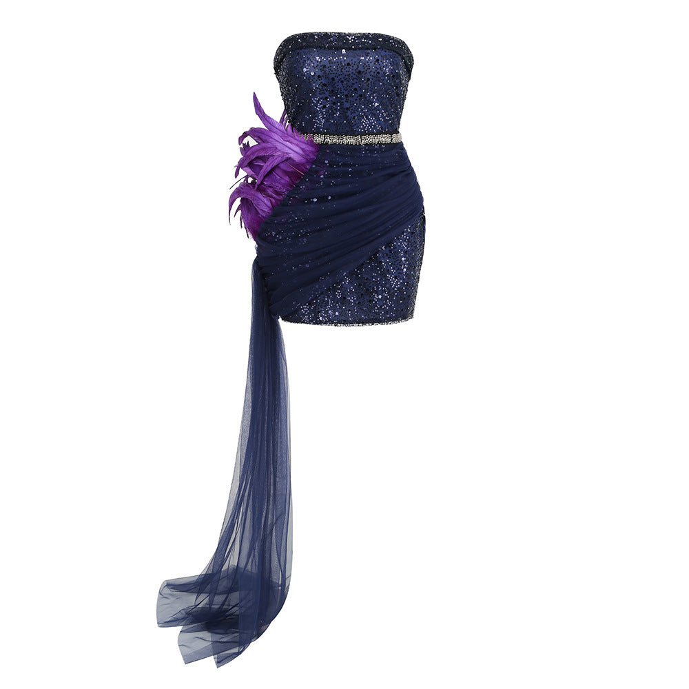 Bandeau Sequins and Feathers Draped Dress