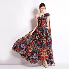 Flaxmaker Blossom Printed One Shoulder Lace Up Maxi Chiffon Dress