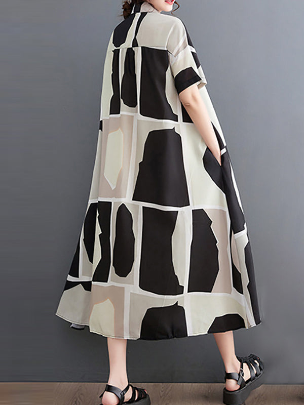 Color-Block Printed Loose Oversize Lapel Shirt Dress Midi Dresses