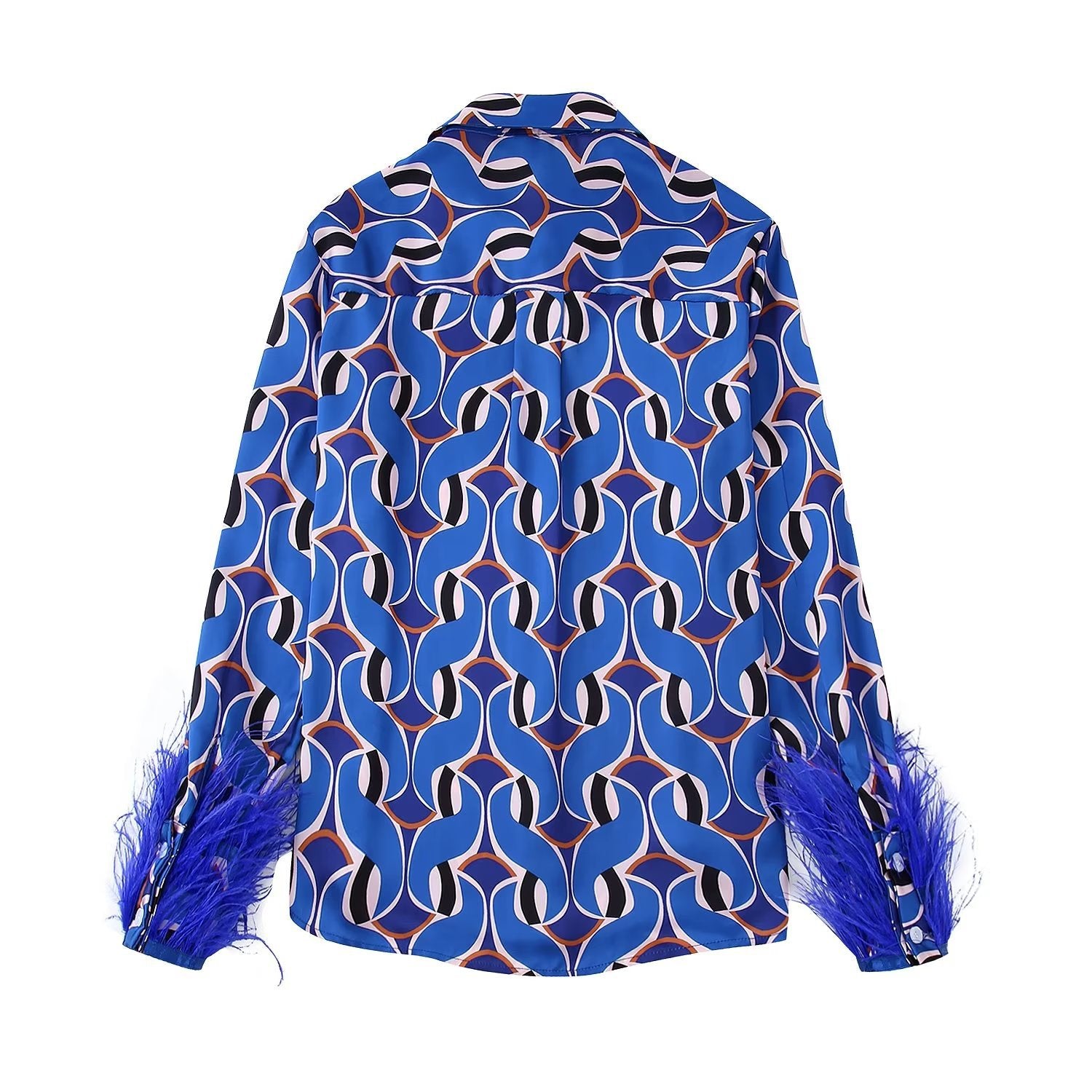 Flaxmaker Fashion Printed Feather Shirt Blue Two Piece Pants Set