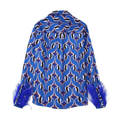 Flaxmaker Fashion Printed Feather Shirt Blue Two Piece Pants Set