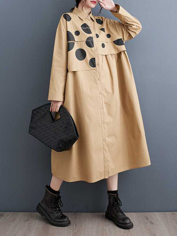Asymmetric Buttoned Polka Dot Split-Joint A-Line Long Sleeves Lapel Midi Dresses