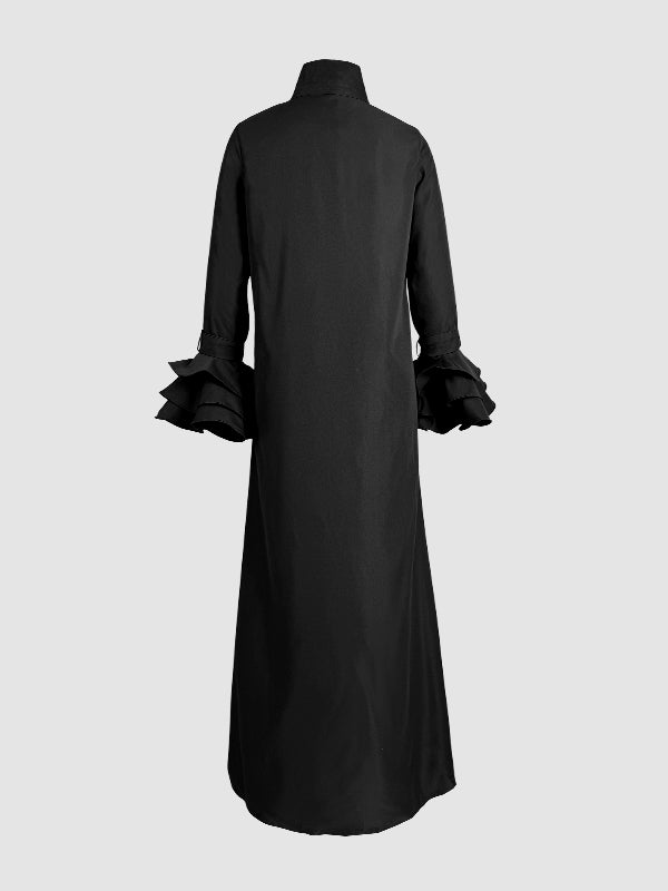 Buttoned Solid Color Split-Joint Split-side A-line Flared Sleeves Lapel Maxi Dresses