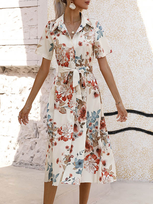 Buttoned Flower Print Tied Waist A-Line Loose Lapel Midi Dresses