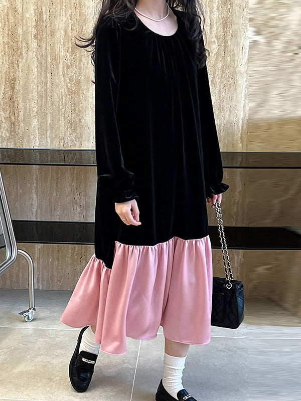 Contrast Color Pleated Ruffled Split-Joint Velvet Flared Sleeves Long Sleeves Round-Neck Midi Dresses