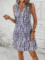 Hollow Printed A-line Loose U-neck Mini Dresses