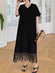 Solid Color Split-Joint Tasseled Loose Short Sleeves V-Neck Midi Dresses