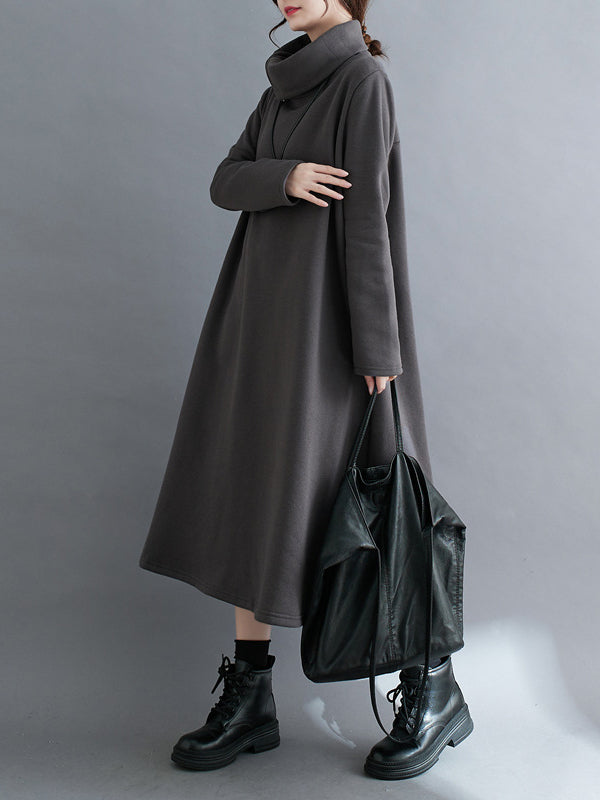 Asymmetric Solid Color Zipper A-Line Long Sleeves High Neck Midi Dresses
