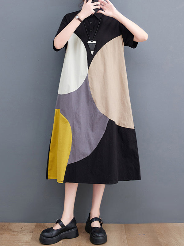 Color-Block Contrast Color Split-Joint Loose Oversize Lapel Shirt Dress Midi Dresses