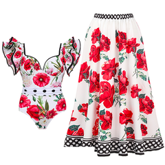 Plus Size Ruffle Rose Print Swimsuit and Skirt Flaxmaker