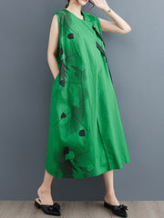 Printed Loose Sleeveless Round-neck Midi Dresses