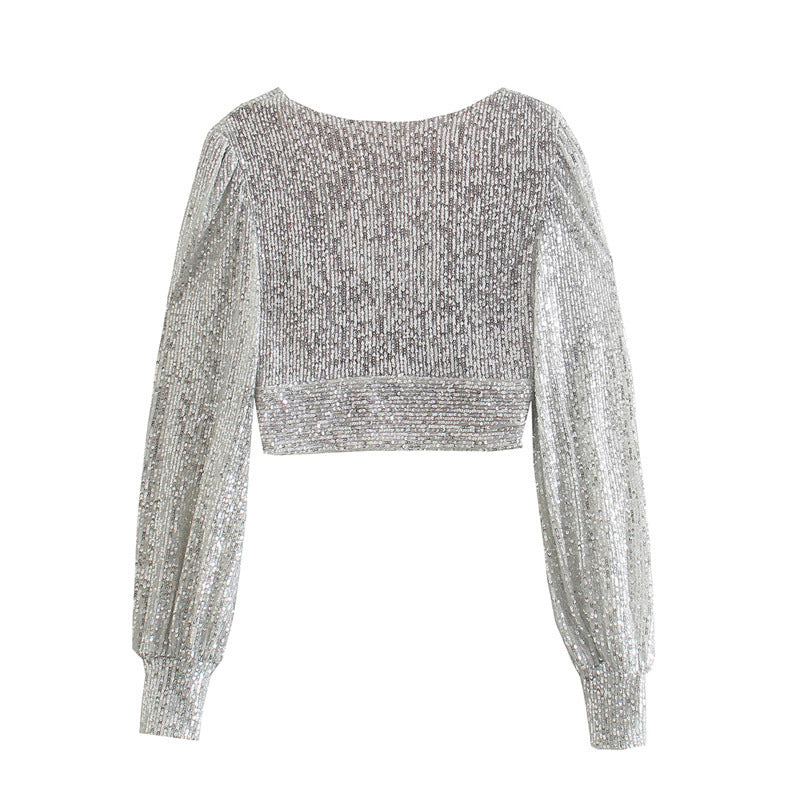 Flaxmaker Sequined Hot Drill Tarpaulin Sleeve V-neck Top Two Piece Set