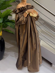 Loose Puff Sleeves Falbala Pleated Solid Color Off-The-Shoulder Maxi Dresses