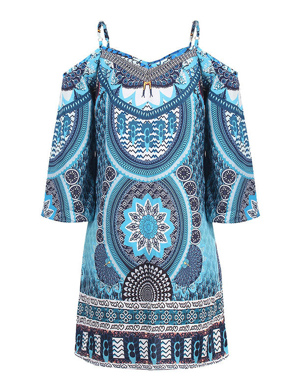 Hollow Printed Split-Joint High Waisted Loose Cold Shoulder Mini Dresses