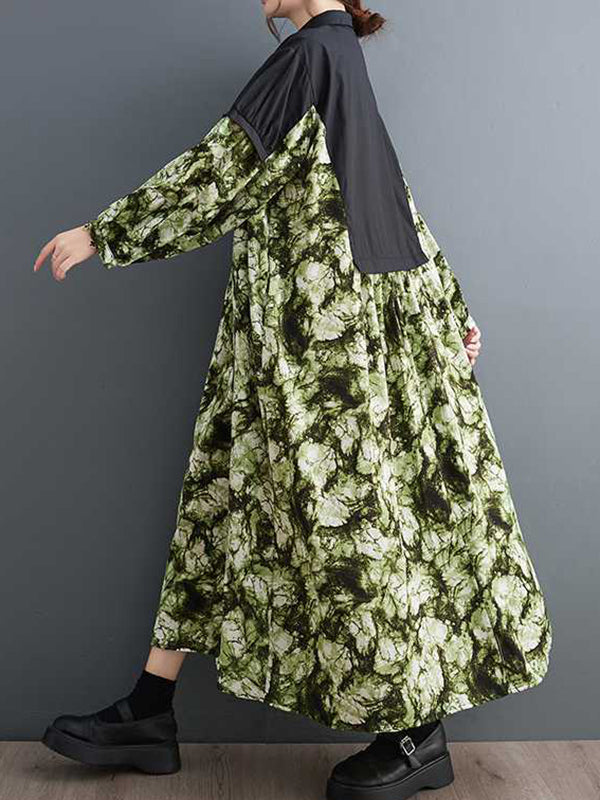 Buttoned Printed Split-Joint Long Sleeves Loose Lapel Midi Dresses