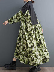 Buttoned Printed Split-Joint Long Sleeves Loose Lapel Midi Dresses