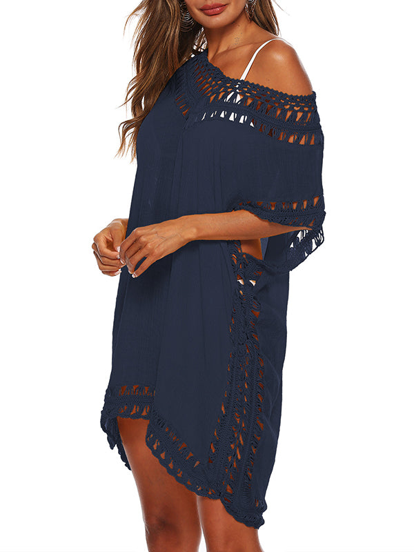 Hollow See-Through Solid Color Split-Joint Loose Raglan Sleeve V-Neck Mini Dresses