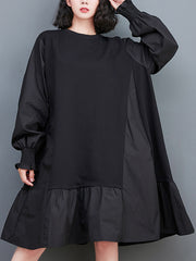 Pleated Solid Color Split-Joint Loose Puff Sleeves Round-neck Midi Dresses
