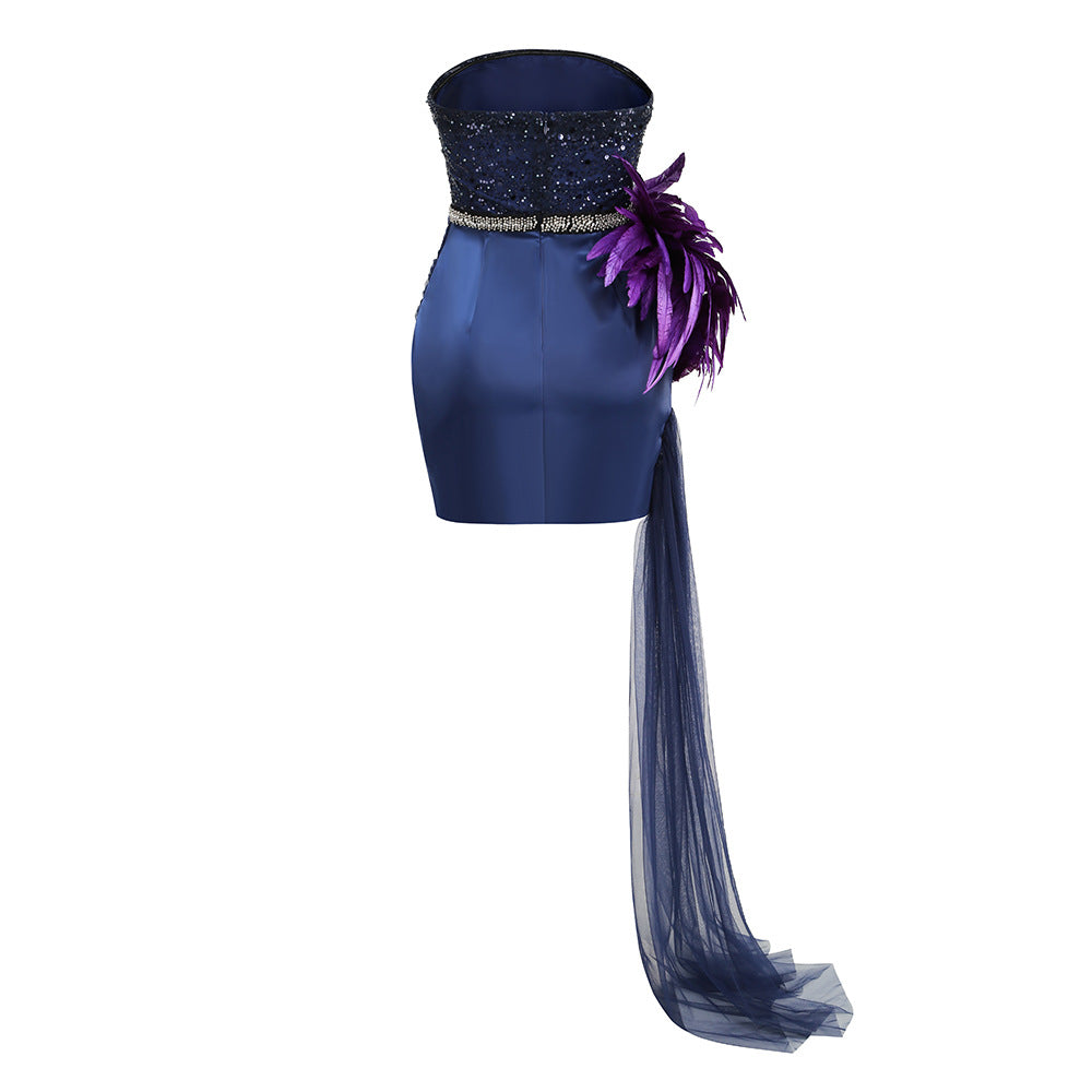 Bandeau Sequins and Feathers Draped Dress
