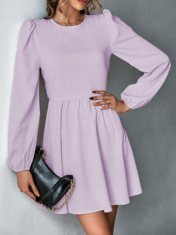 Backless Elasticity Hollow Pleated Solid Color Tied A-Line Bishop Sleeve Round-Neck Mini Dresses