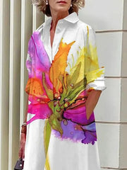 Floral Printed Split-Joint Long Sleeves Loose Lapel Shirt Dress Midi Dresses