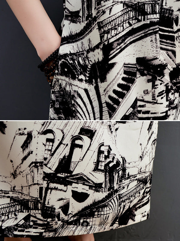 Abstract Printed Half Sleeves Loose Round-Neck Midi Dresses
