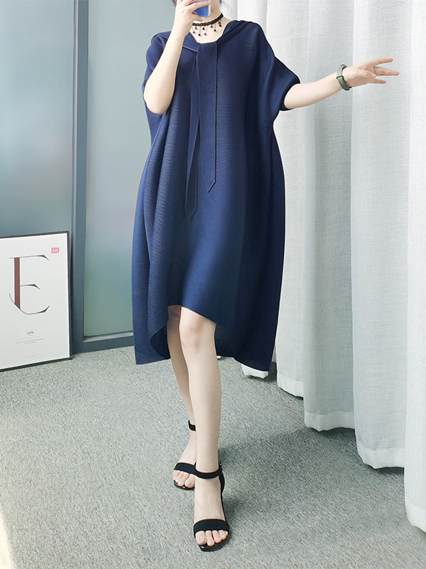 Lace-Up Pleated Batwing Sleeves Loose Hooded Midi Dresses