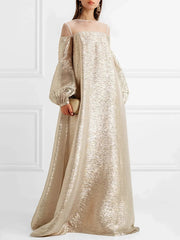 Gauze See-Through Shiny Split-Joint A-Line Loose Round-Neck Maxi Dresses Evening Dresses