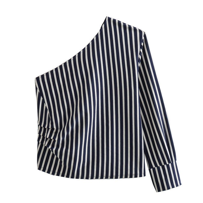 Oblique Shoulder Casual Striped Printed Shirt and Pants Set