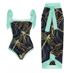 Tie-shoulder Animal Print One Piece Swimsuit and Sarong