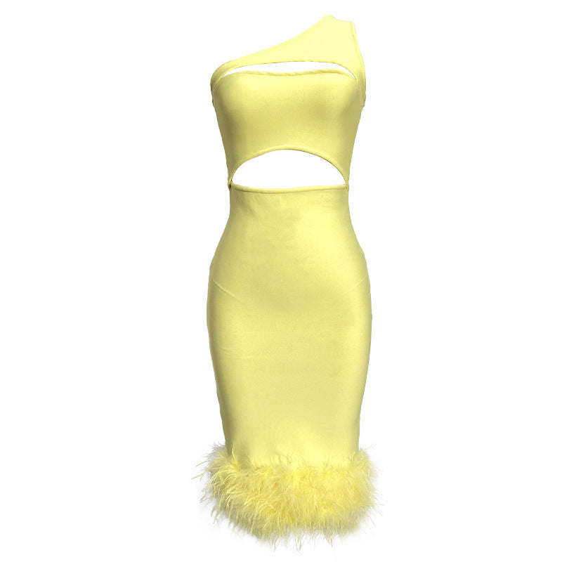 Sexy Oblique Shoulder Cutout Feathers Dress