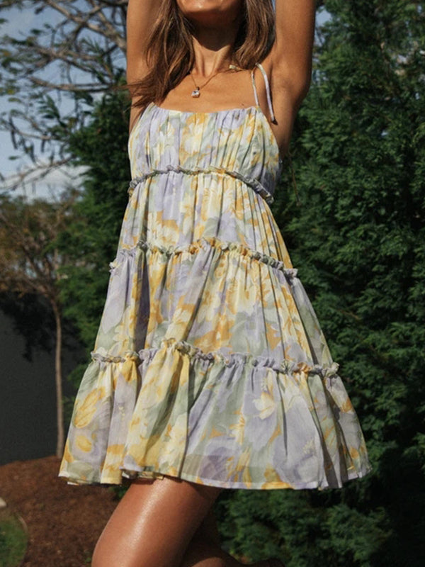 Flower Print Layered Pleated Split-Joint Tied A-Line Loose Spaghetti-Neck Mini Dresses