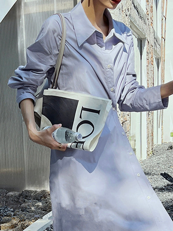 Asymmetric Solid Color Long Sleeves Loose Lapel Shirt Dress