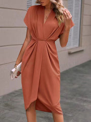 Knot Pleated Solid Color Split-Front High-Low Loose V-Neck Midi Dresses