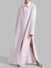 See-Through Solid Color Split-Joint Split-Side Long Sleeves Loose Lapel Shirt Dress Maxi Dresses