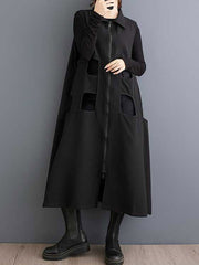Hollow Solid Color Zipper Loose Sleeveless Lapel Midi Dresses
