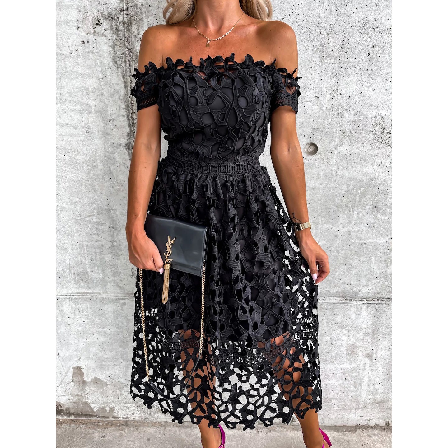 Off Shoulder Lace Waist Midi Dress