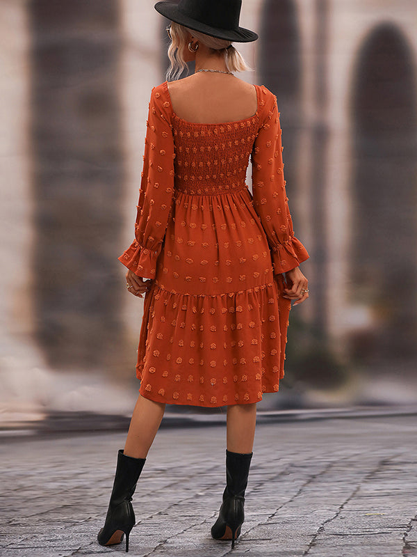 Bohemia Puff Sleeves A-Line Solid U-Neck Dress