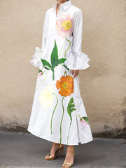 A-Line Flared Sleeves Floral Printed Split-Joint Split-Side Lapel Collar Maxi Dresses Shirt Dress