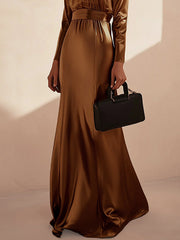 Pleated Shiny Solid Color Split-Joint Tied Waist Long Sleeves Loose High Neck Maxi Dresses Evening Dresses