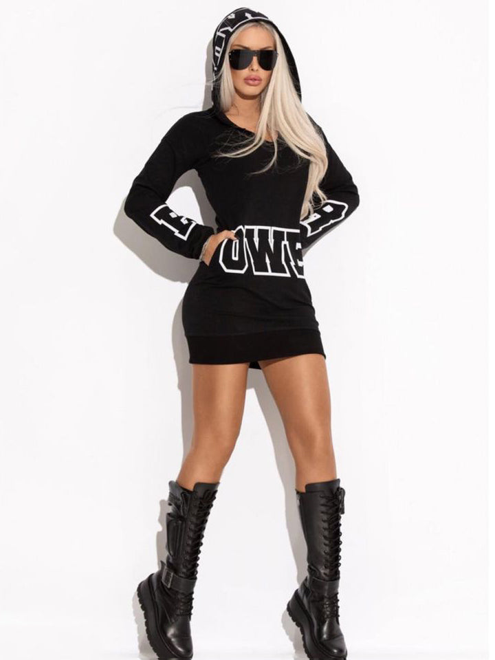 Letter Print Long Sleeves Hooded Bodycon Mini Dresses