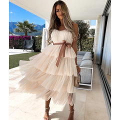 Mesh Temperament Wrapped Breast Sexy Cake Layer Midi Dress