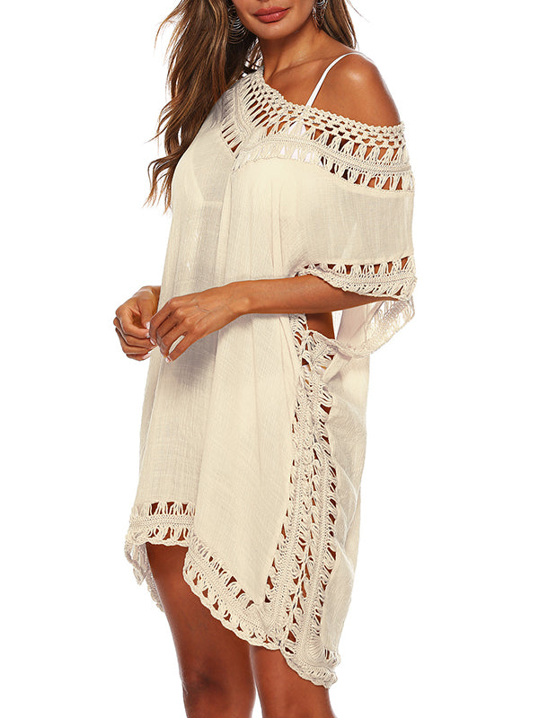Hollow See-Through Solid Color Split-Joint Loose Raglan Sleeve V-Neck Mini Dresses