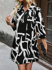 Buttoned Printed Loose Nine-Minute Sleeve Lapel Mini Dresses