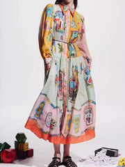 Flower Print Patchwork Lapel Collar Maxi Dresses