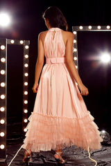 Ruffle Halter Belted Pink Maxi Dress Flaxmaker