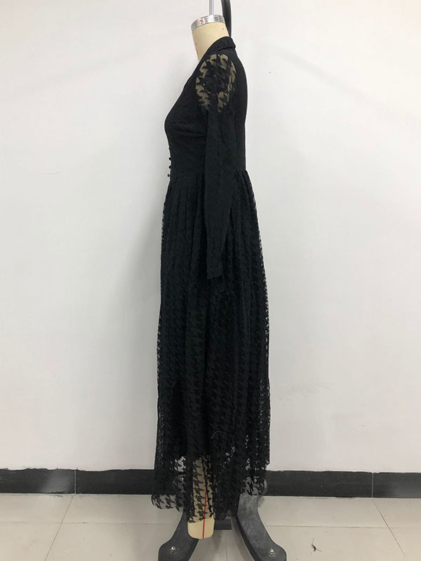 Buttoned Gauze See-Through Solid Color High Waisted Long Sleeves V-Neck Maxi Dresses